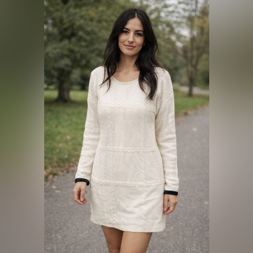 BARBOUR | Cream White Winter Tartan Etal Cable Knit Sweater Dress Sz. 16